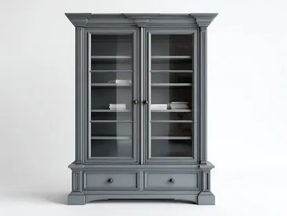 Estanterías con vitrina de madera gris y puertas de vidrio 120x45x200 cm - diseño clásico para sala de estar-Denmypad