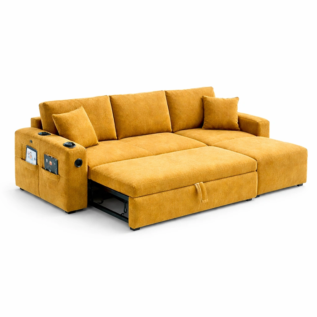 Canap angle convertible jaune coffre rangement accoudoir poche salon-Zenlovo