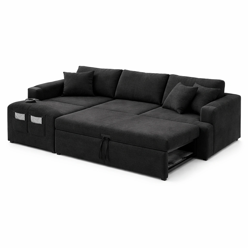 Canap angle convertible noir coffre rangement coussins salon moderne-Zenlovo