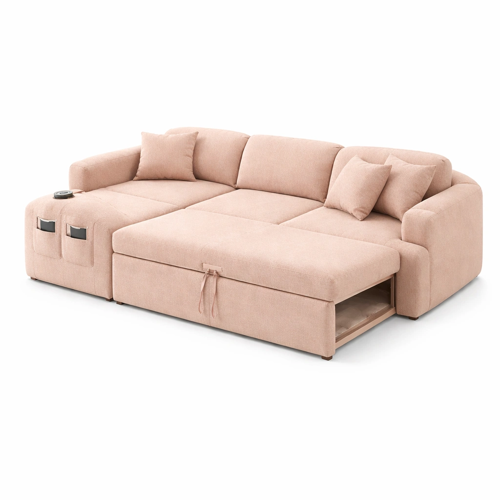 Canap angle convertible beige coffre rangement coussins salon-Zenlovo
