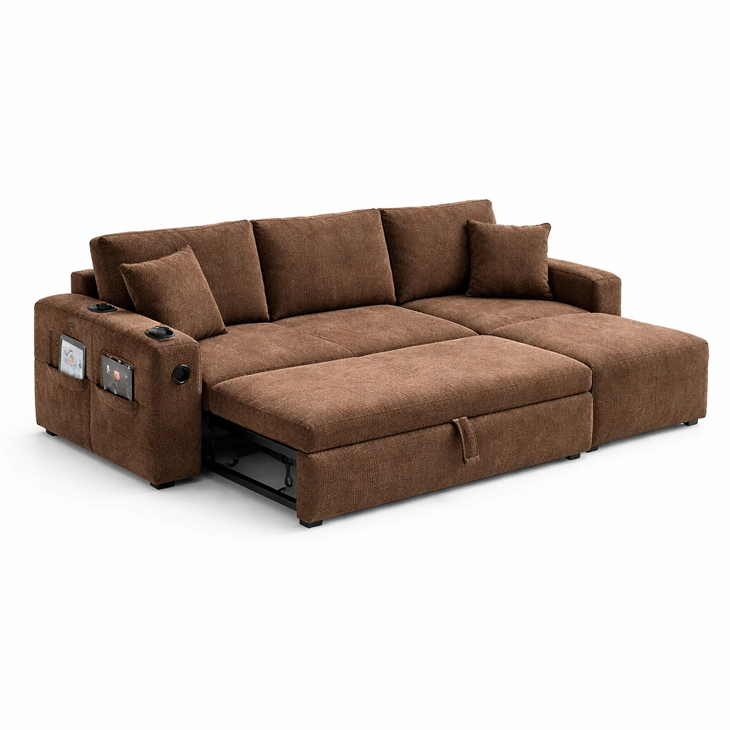 Canap angle convertible marron coffre rangement accoudoir poche salon-Zenlovo