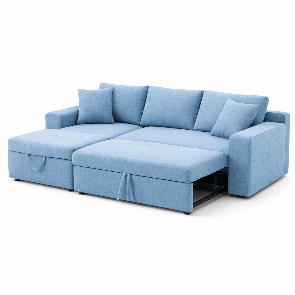 Canap angle convertible bleu coffre rangement coussins salon-Zenlovo
