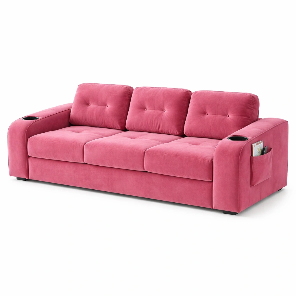 Canap trois places rose tissu accoudoir porte gobelet poche rangement-Zenlovo