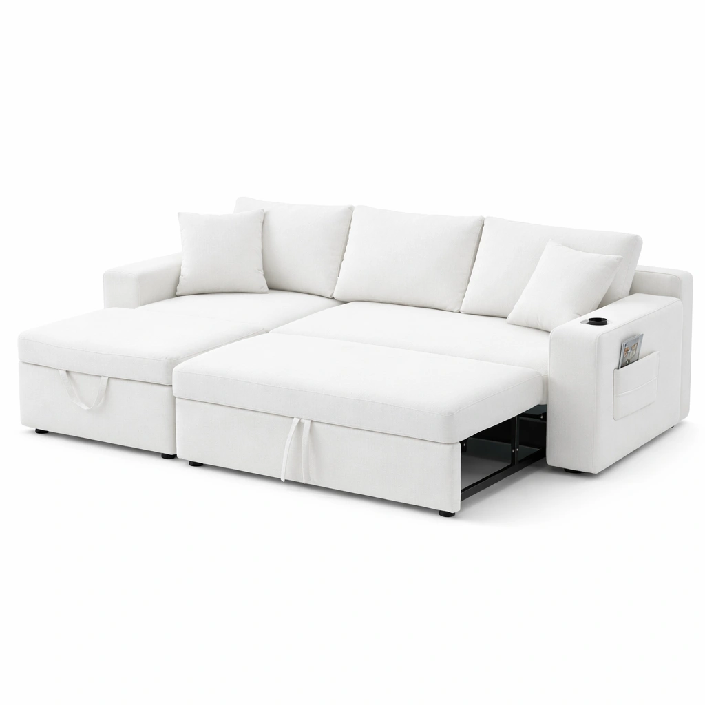 Canap angle convertible blanc coffre rangement accoudoir poche salon-Zenlovo