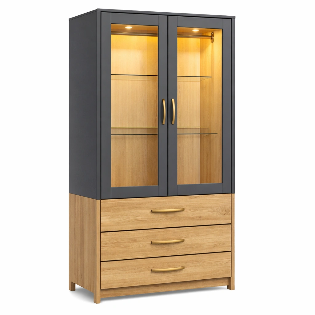 Vitrine armoire verre noir bois tiroirs clairage intrieur-Zenlovo