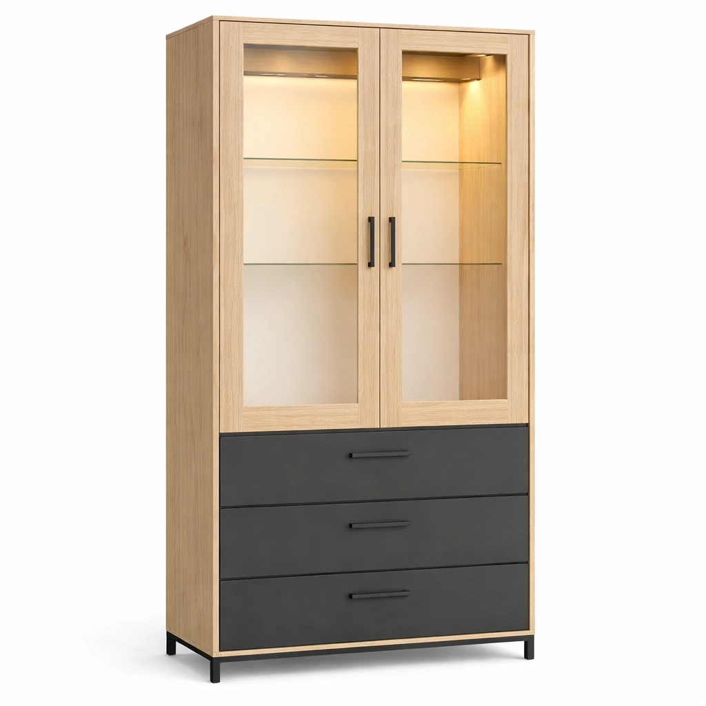 Vitrine bois clair verre tagres tiroirs rangement salon-Zenlovo