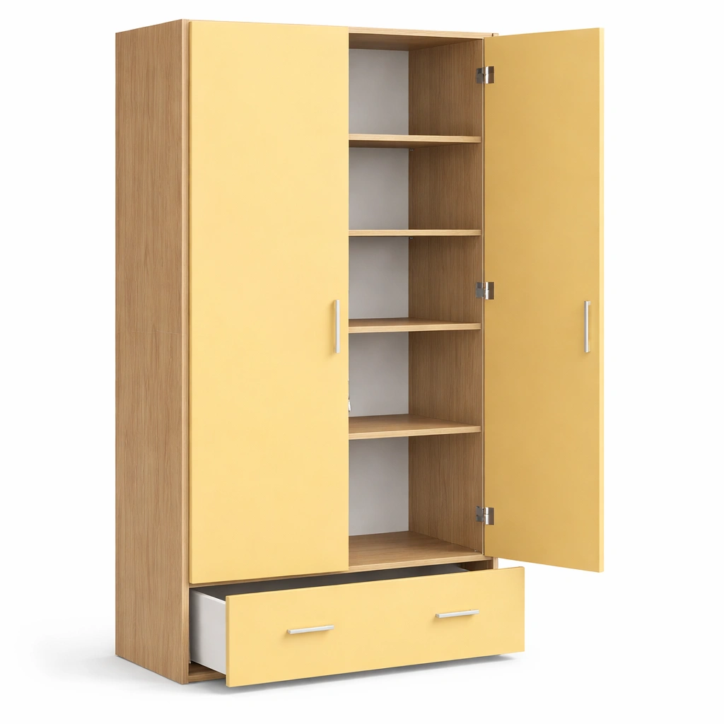 Armoire deux portes jaune tagres tiroir rangement chambre-Zenlovo