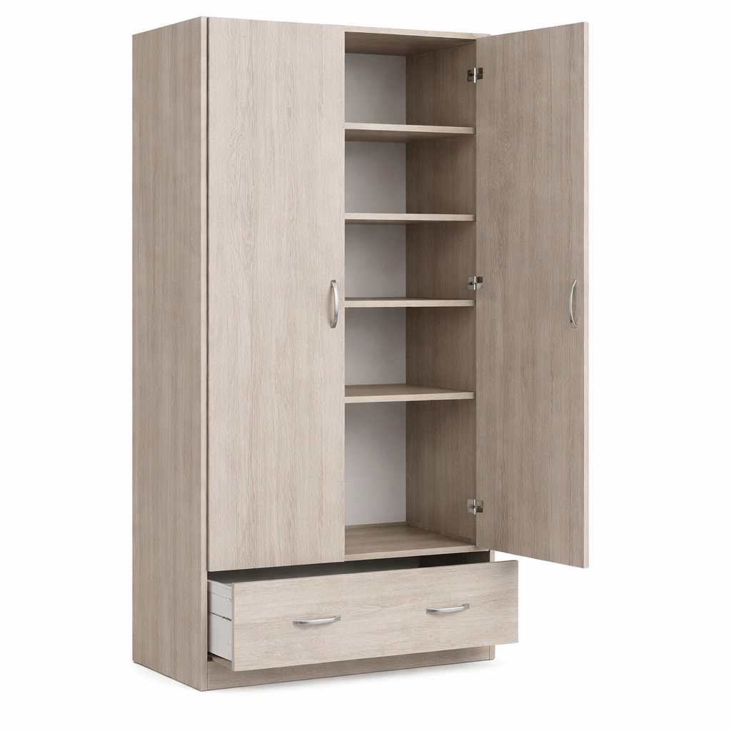 Armoire deux portes bois clair tagres tiroir rangement chambre-Zenlovo