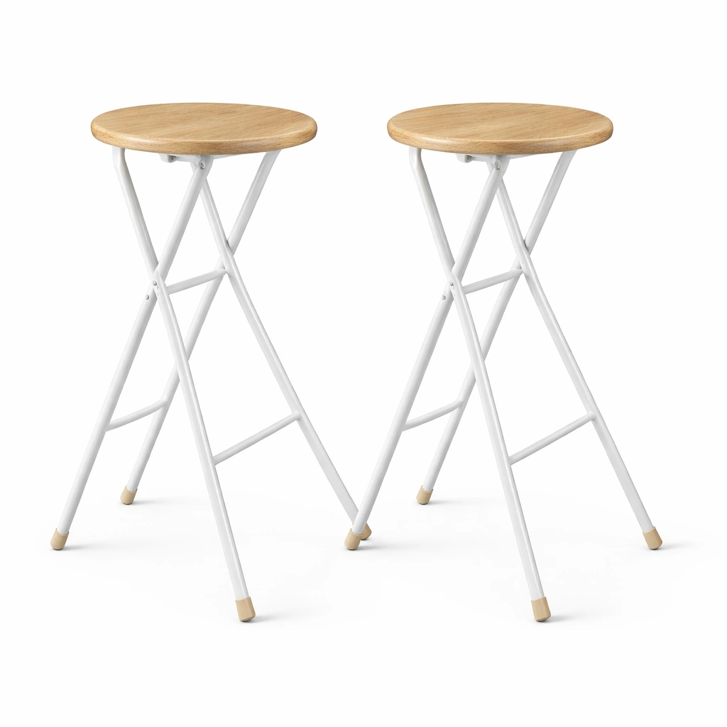 Tabourets pliants blanc plateau bois lot deux structure mtal-Zenlovo