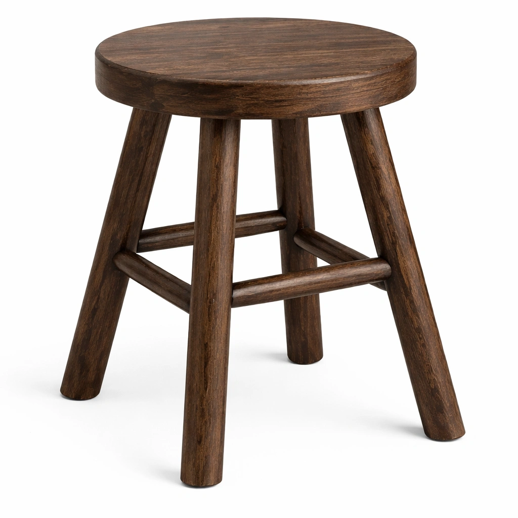 Tabouret bois massif marron assise ronde pieds bois style maison-Zenlovo