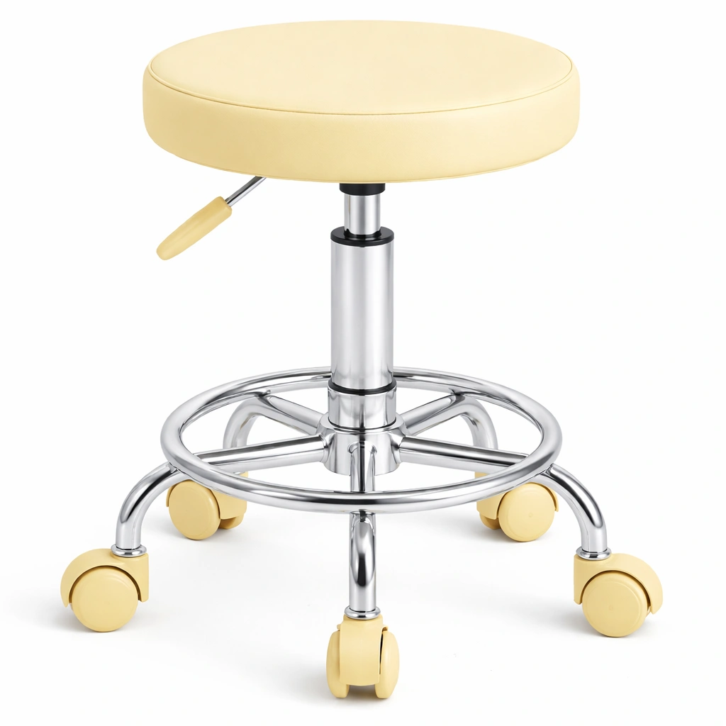 Tabouret roulettes jaune assise rembourre hauteur rglable base mtal-Zenlovo