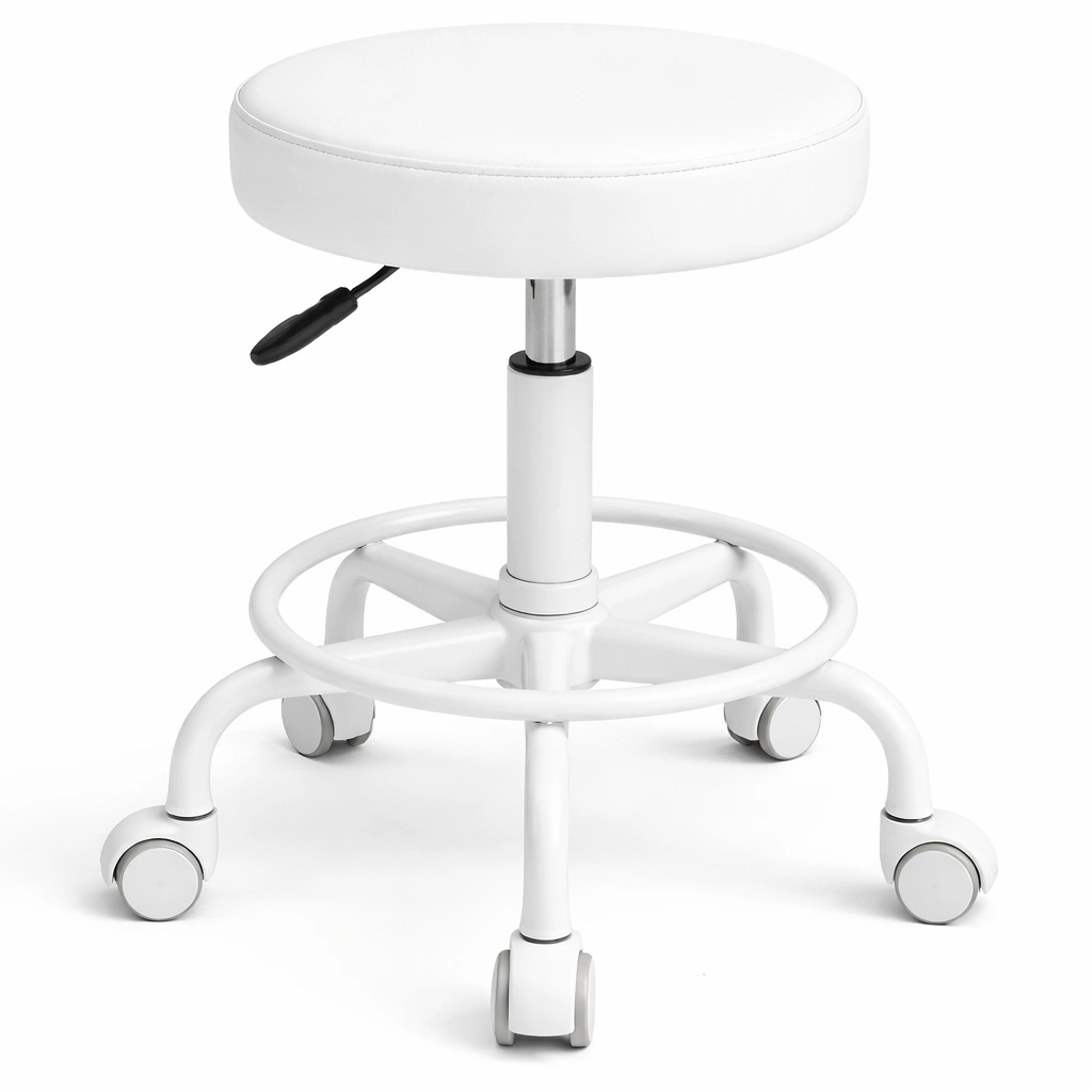 Tabouret roulettes blanc assise rembourre hauteur rglable base mtal-Zenlovo