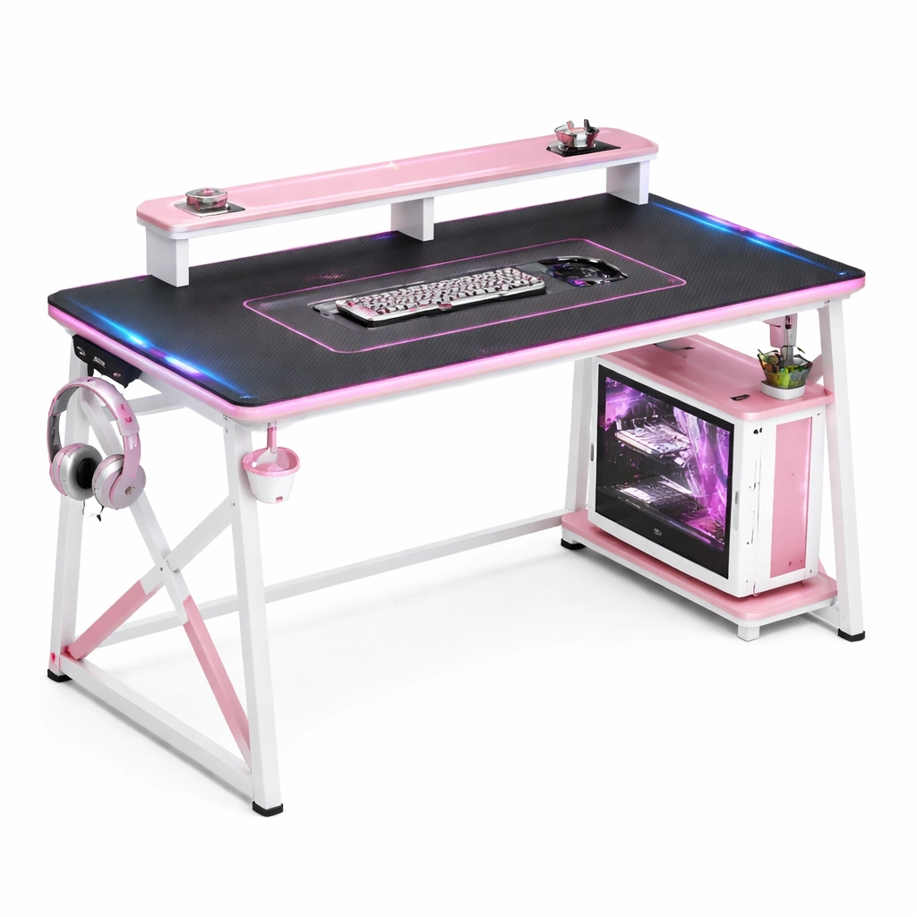 Bureau gaming rose avec tagre support cran LED structure mtal plateau fibre carbone-Zenlovo