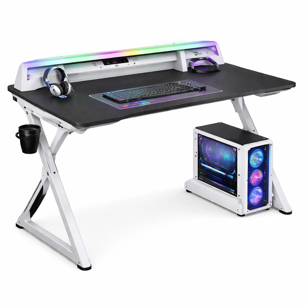 Bureau gaming blanc LED support cran surface fibre carbone structure mtal-Zenlovo