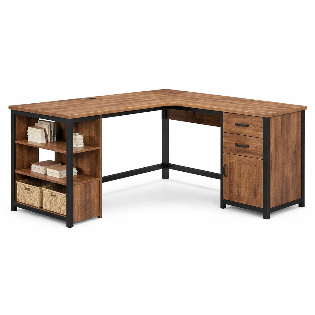 Bureau angle bois industriel tagres tiroirs structure mtal style bureau maison-Zenlovo