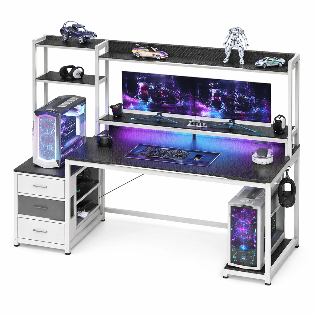 Bureau gaming blanc tagres rangement support double cran structure mtal-Zenlovo