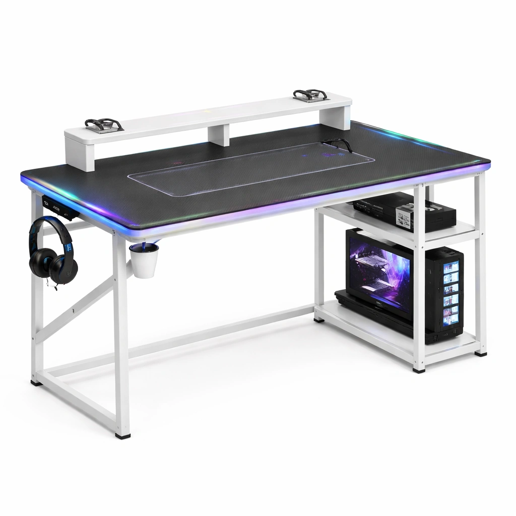 Bureau gaming blanc LED support cran plateau fibre carbone support unit centrale-Zenlovo