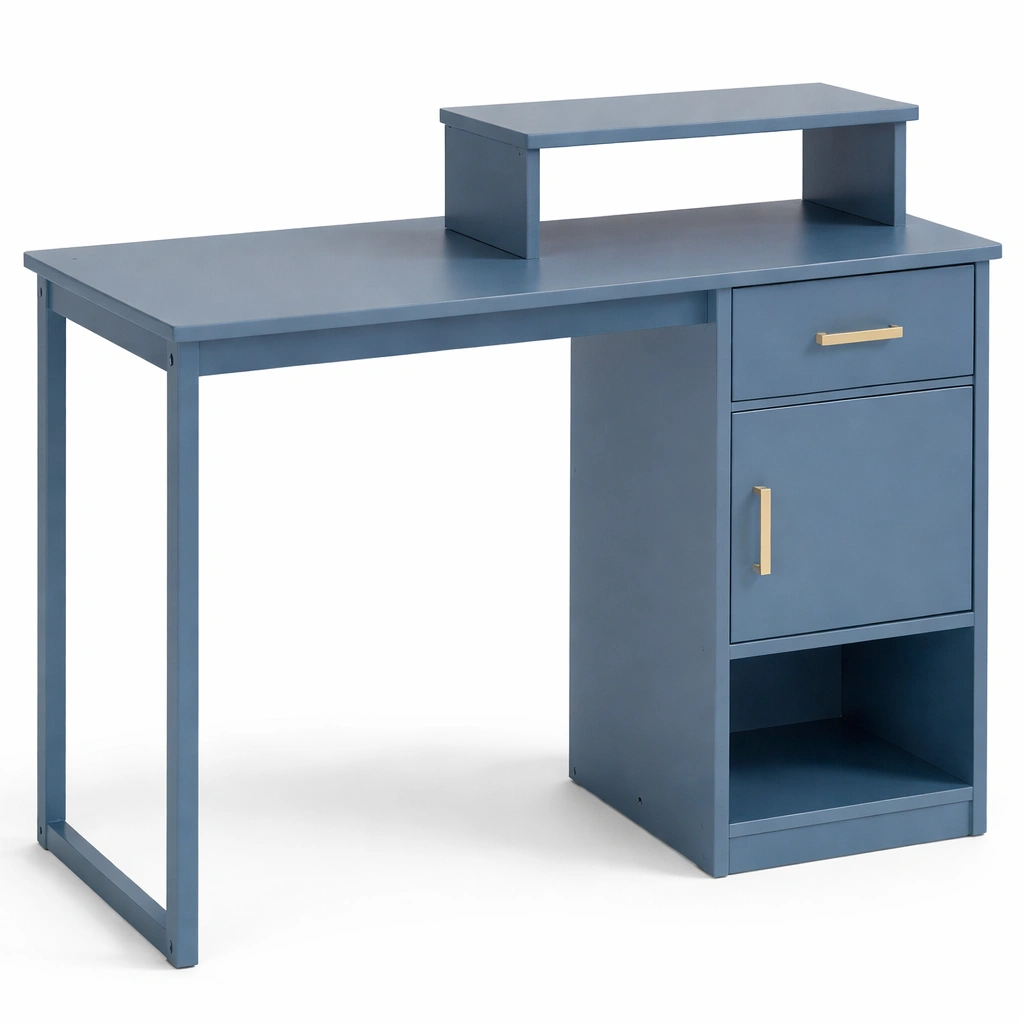 Bureau travail bleu tiroir rangement tagre structure bois design moderne-Zenlovo