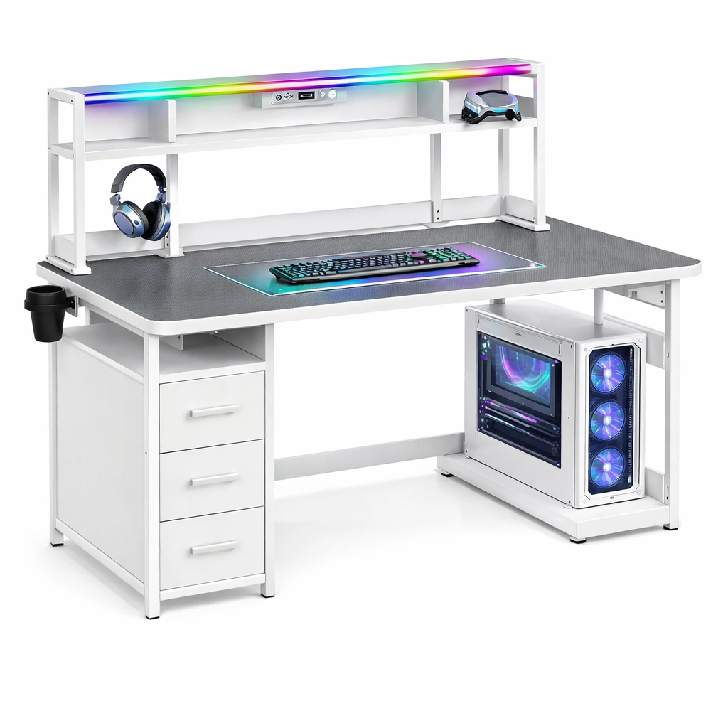 Bureau gaming blanc tagre LED tiroirs rangement support unit centrale-Zenlovo