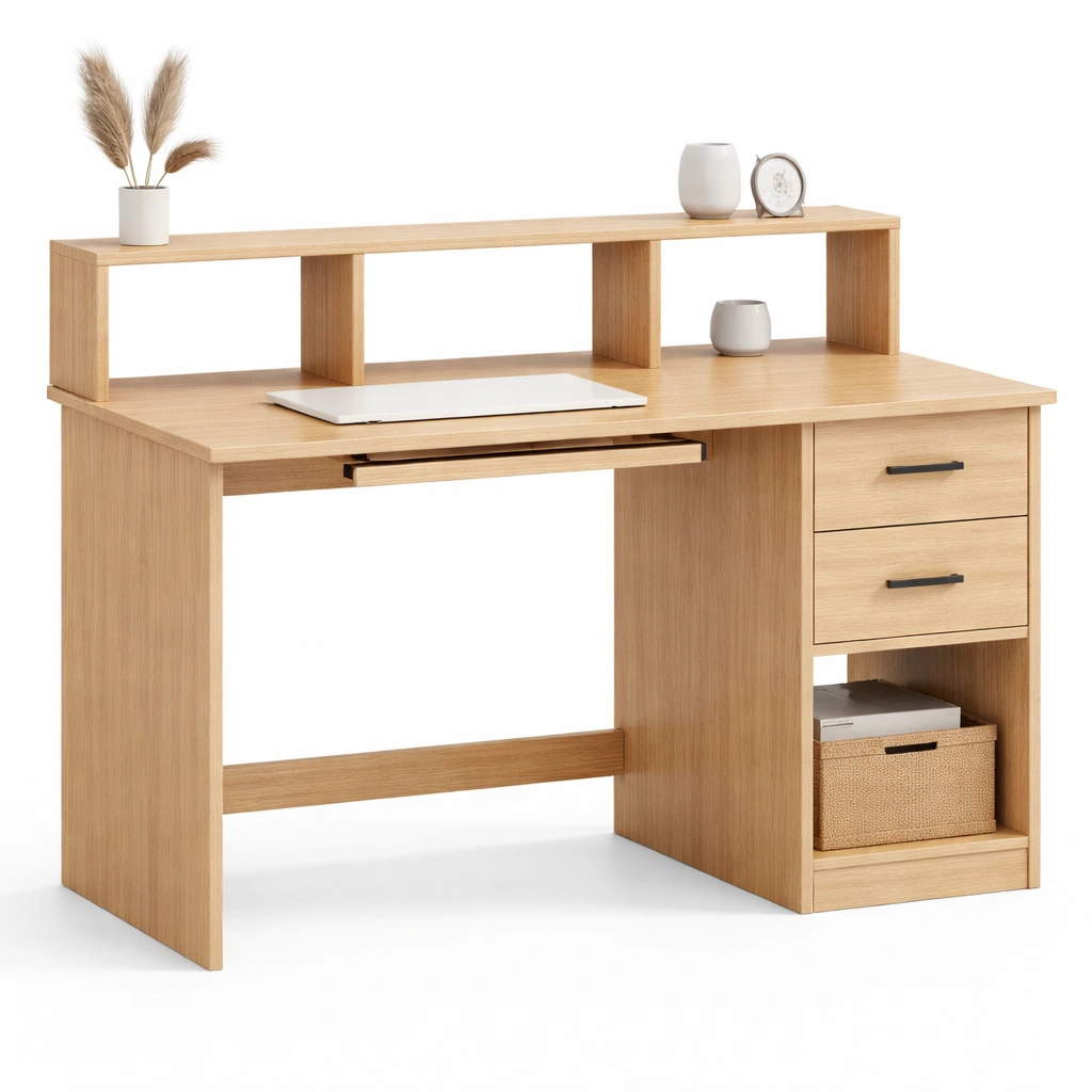 Bureau bois clair tagre rangement tiroirs support clavier style bureau maison-Zenlovo