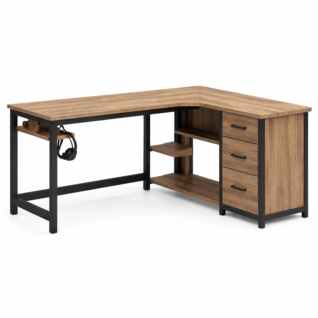 Bureau angle industriel bois tagres rangement tiroirs structure mtal bureau maison-Zenlovo