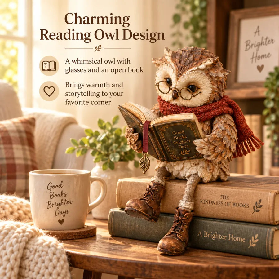 Cozy Reading Owl Shelf Sitter – Rustic Book Lover Figurine & Reading Nook Decor