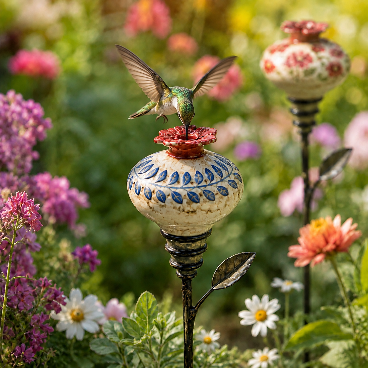 🌸Vintage Floral Hummingbird Feeder Garden Stake🐦