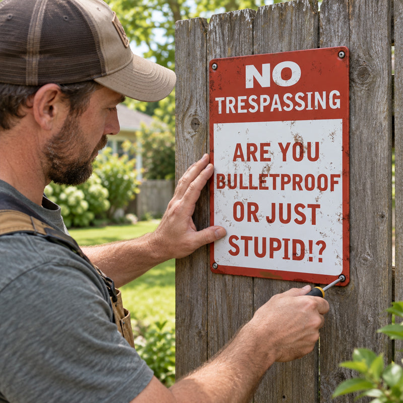 Funny No Trespassing Metal Sign – Vintage Rustic Warning Sign for Fence, Garage & Workshop