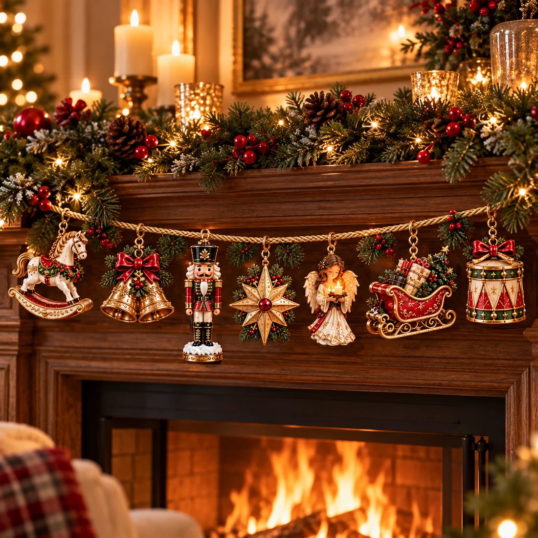 Seven piece Christmas garland displayed on a fireplace mantel