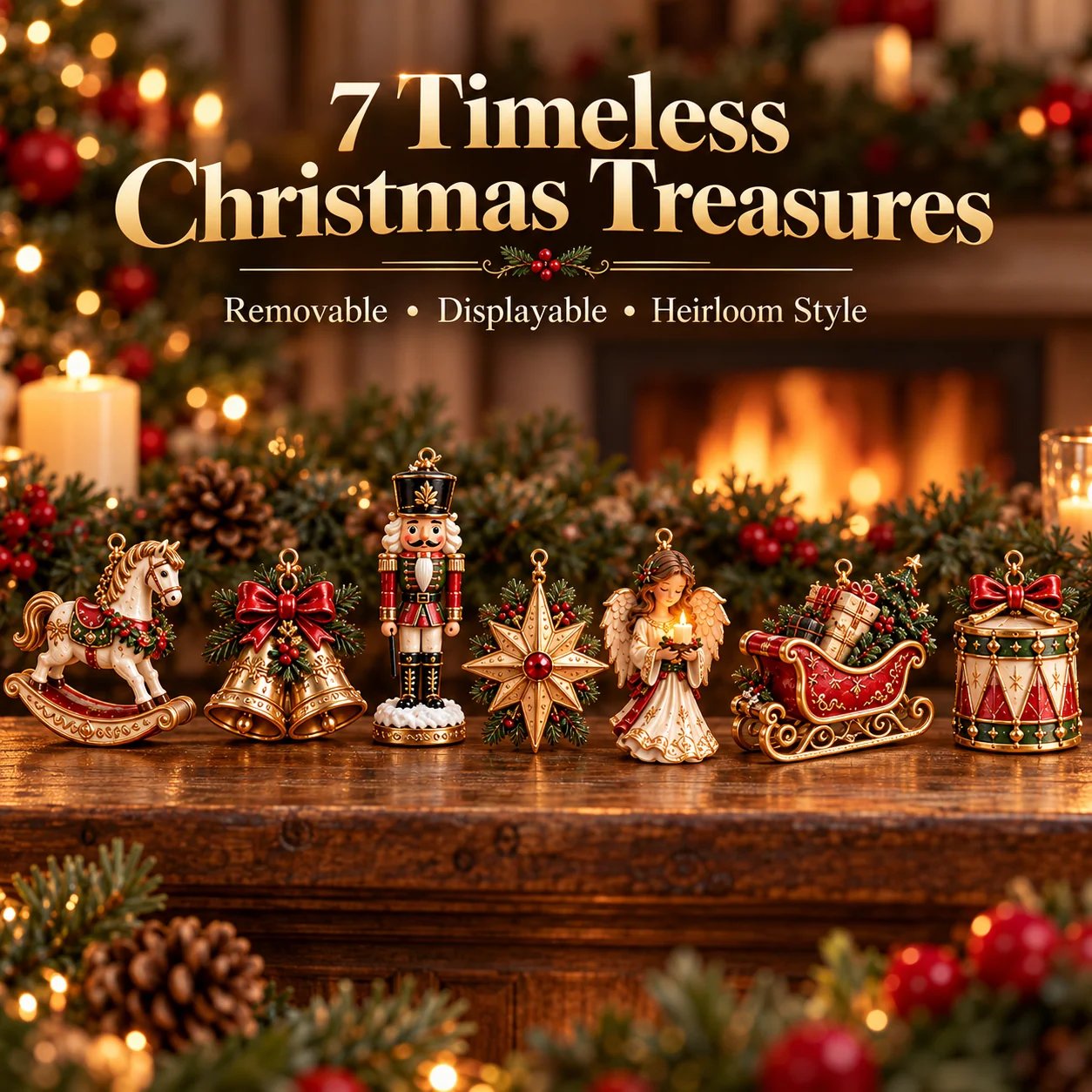 Detailed close-up of the carved Christmas ornament designs