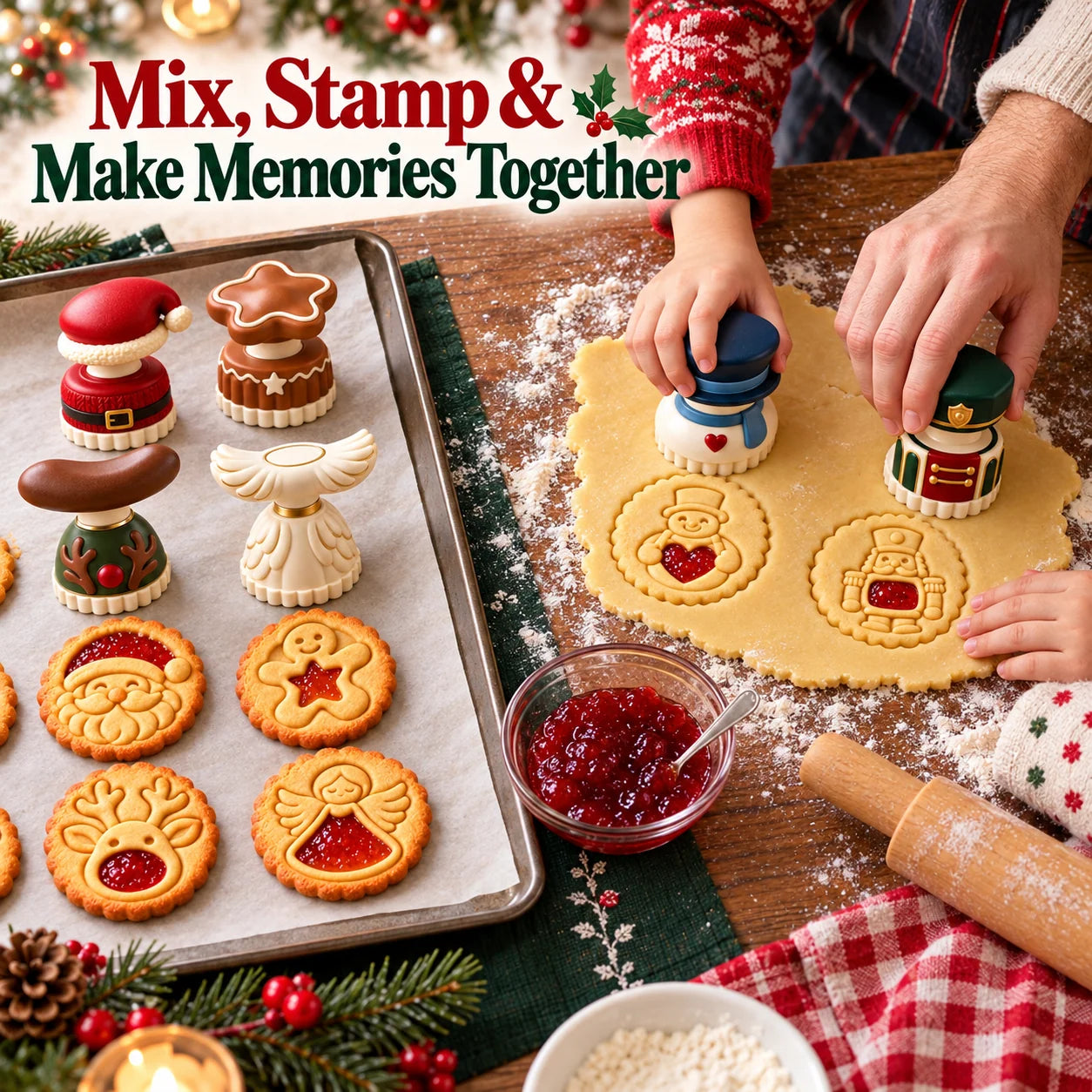 Hands using Christmas cookie presses on dough beside a tray of patterned cookies and jam