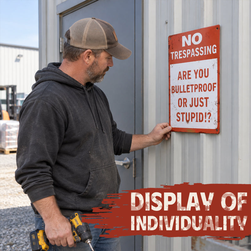 Funny No Trespassing Metal Sign – Vintage Rustic Warning Sign for Fence, Garage & Workshop