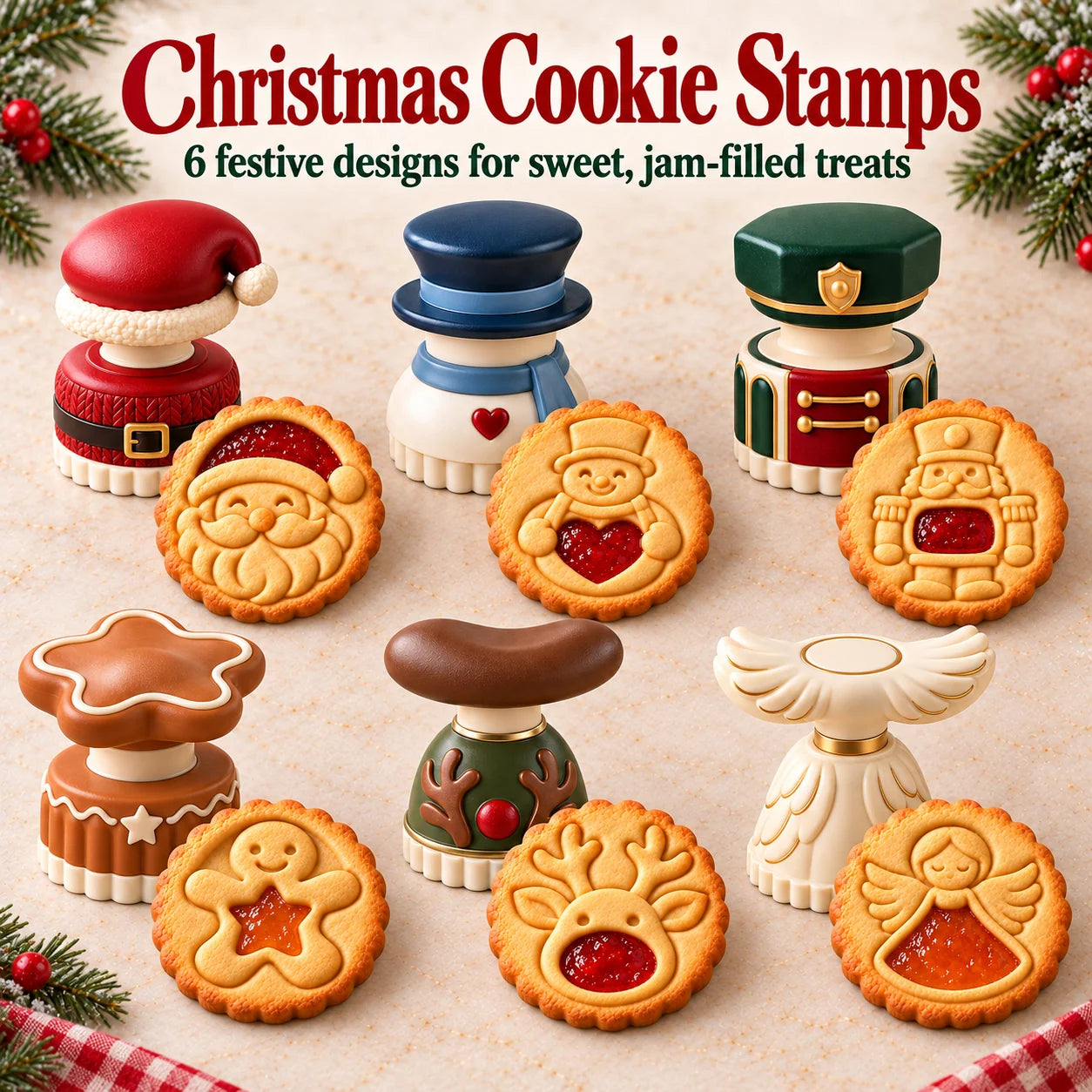 Six Christmas cookie press designs displayed with their matching jam cookies