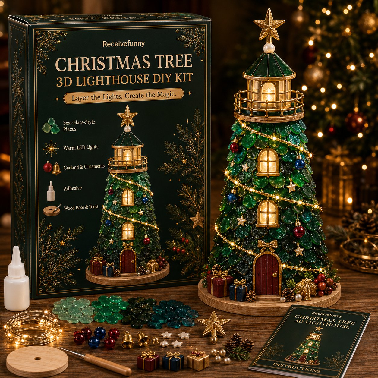 🎄Christmas Glow 3D Lighthouse DIY Kit – Light-Up Holiday Craft Decor 💕
