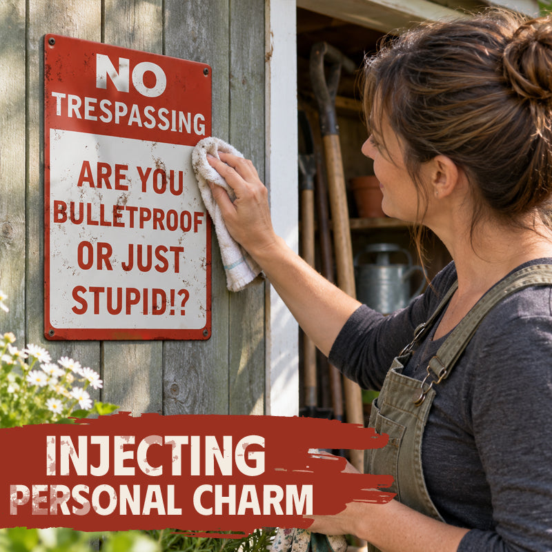 Funny No Trespassing Metal Sign – Vintage Rustic Warning Sign for Fence, Garage & Workshop