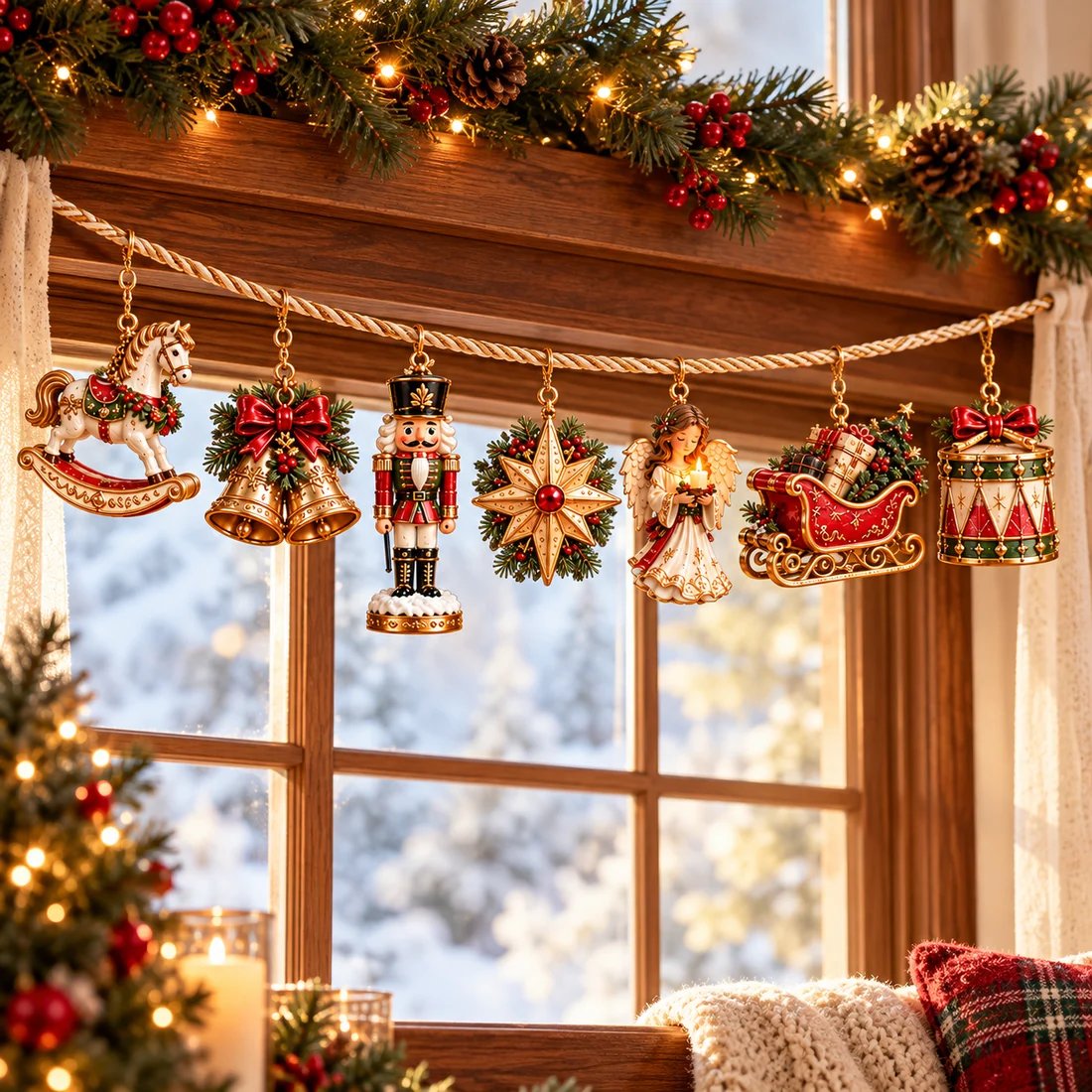 Vintage Christmas garland hanging across a window