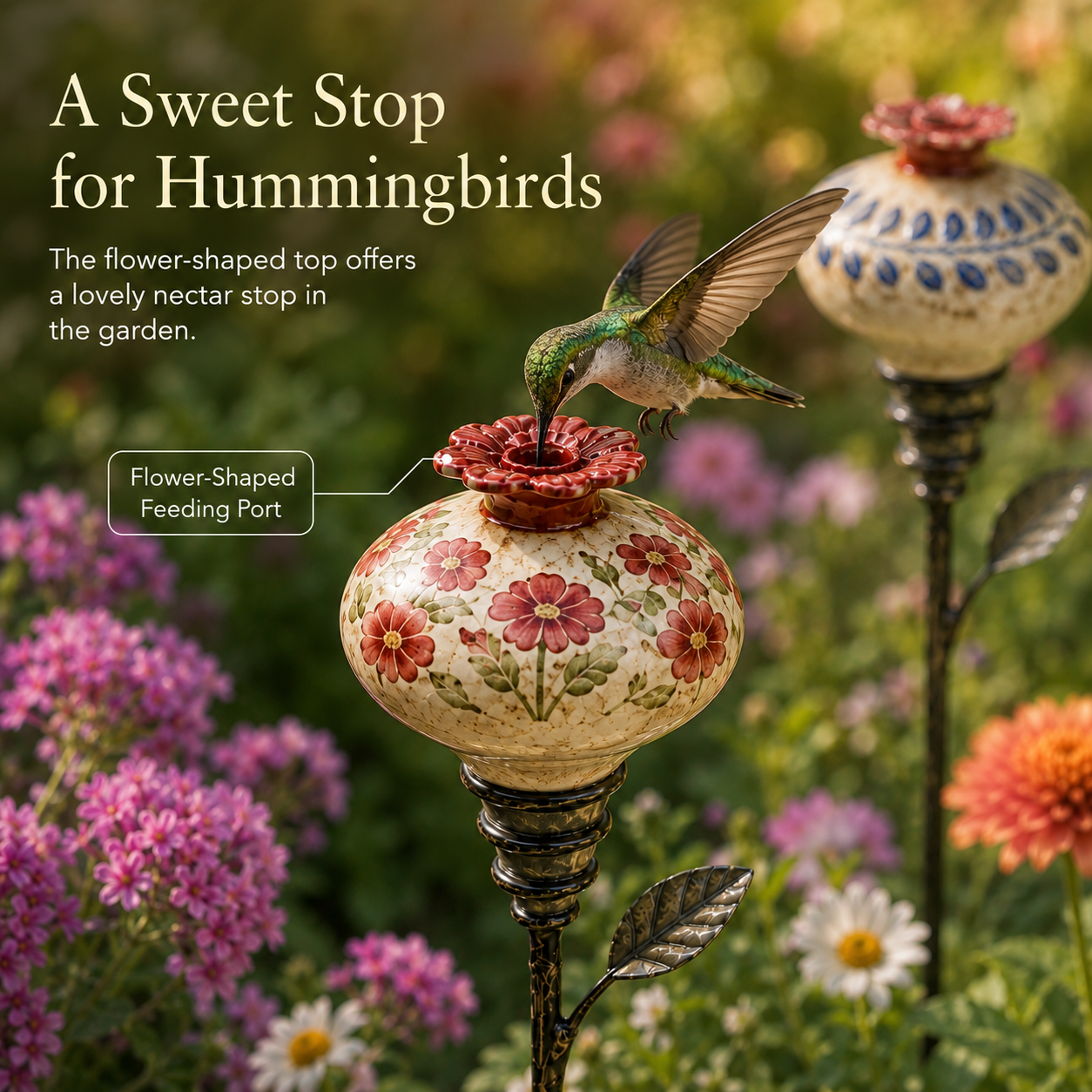🌸Vintage Floral Hummingbird Feeder Garden Stake🐦