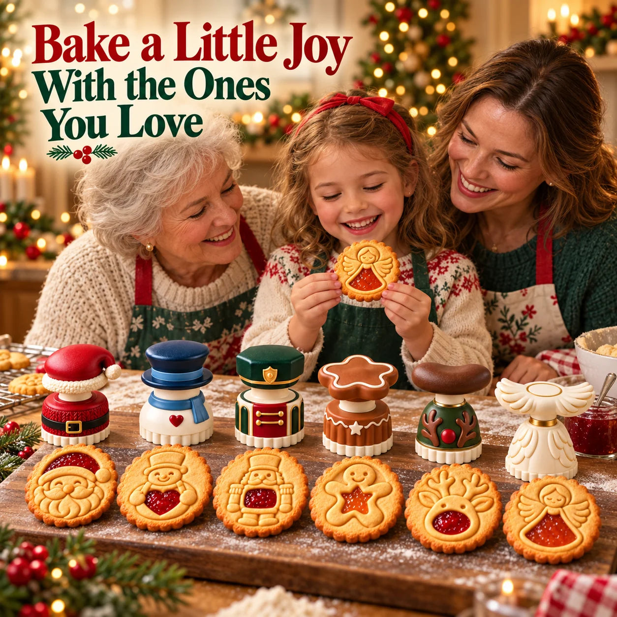 Three generations enjoying Christmas baking with festive cookie presses and jam cookies