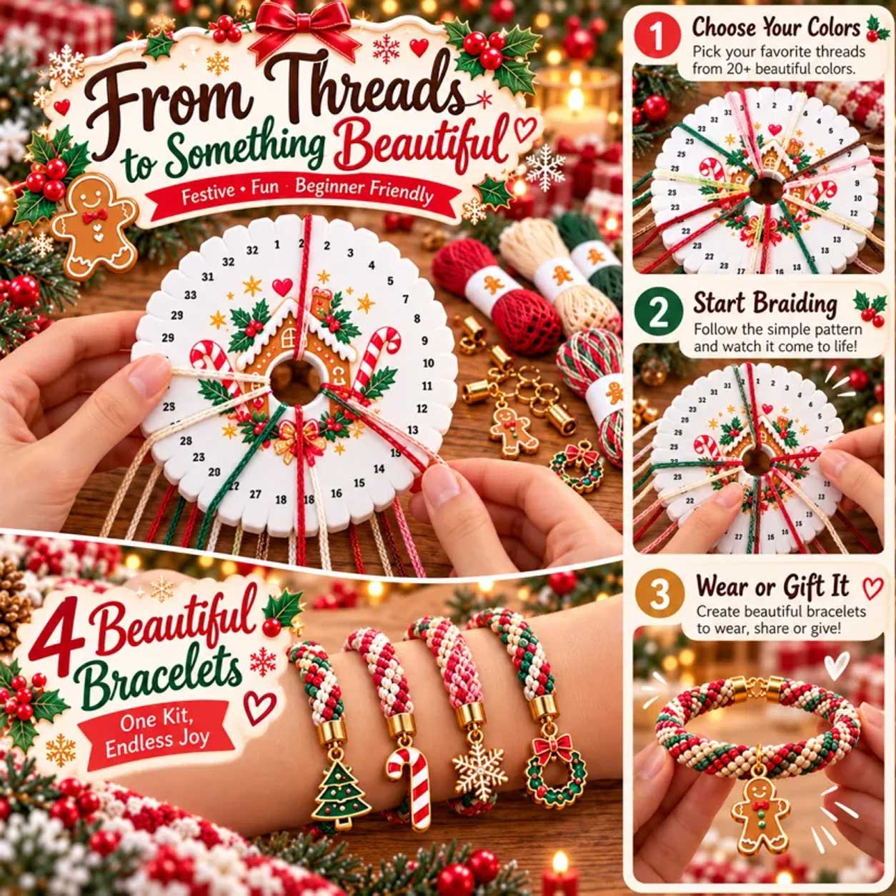 Colorful bracelet-making inspiration showing the journey from threads to finished jewelry