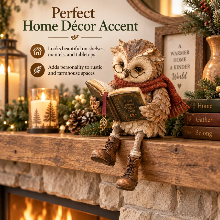 Cozy Reading Owl Shelf Sitter – Rustic Book Lover Figurine & Reading Nook Decor