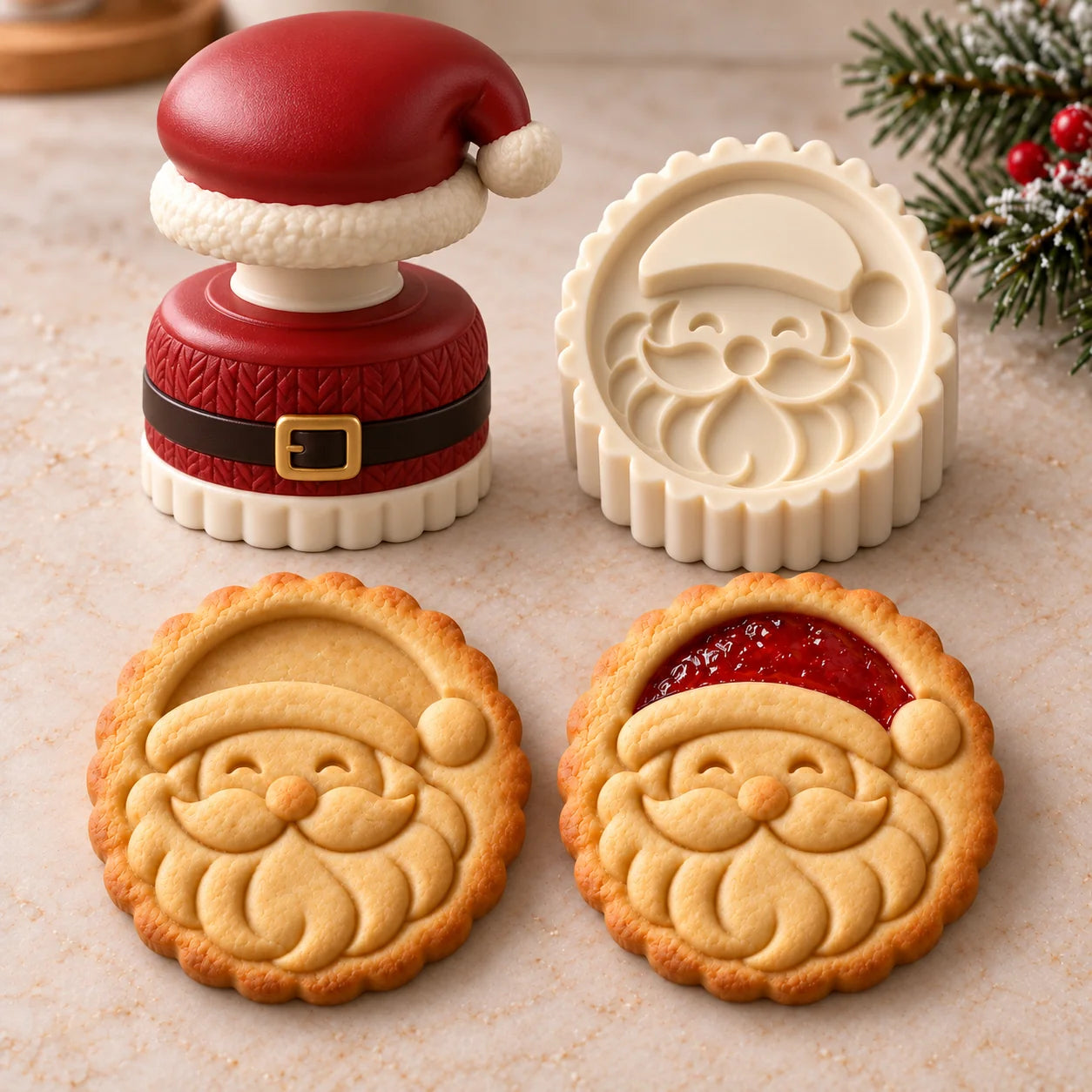 Santa cookie press with its patterned underside and plain and jam-filled Santa cookies