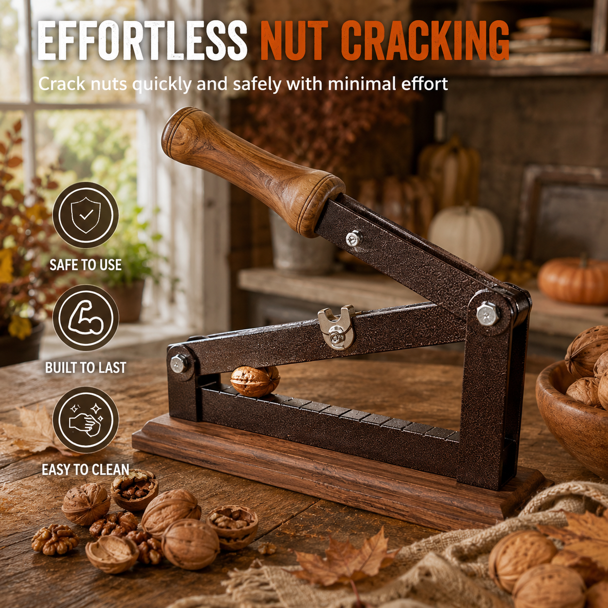 Heavy-Duty Walnut Cracker – Lever-Action Nutcracker for Pecans, Walnuts & Mixed Nuts