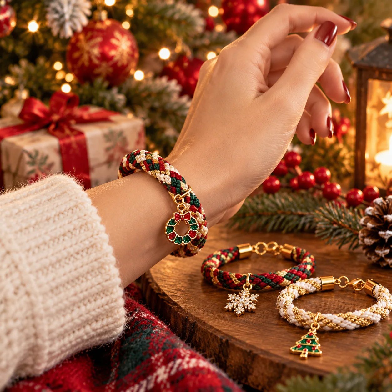 A finished holiday bracelet styled for the Christmas season