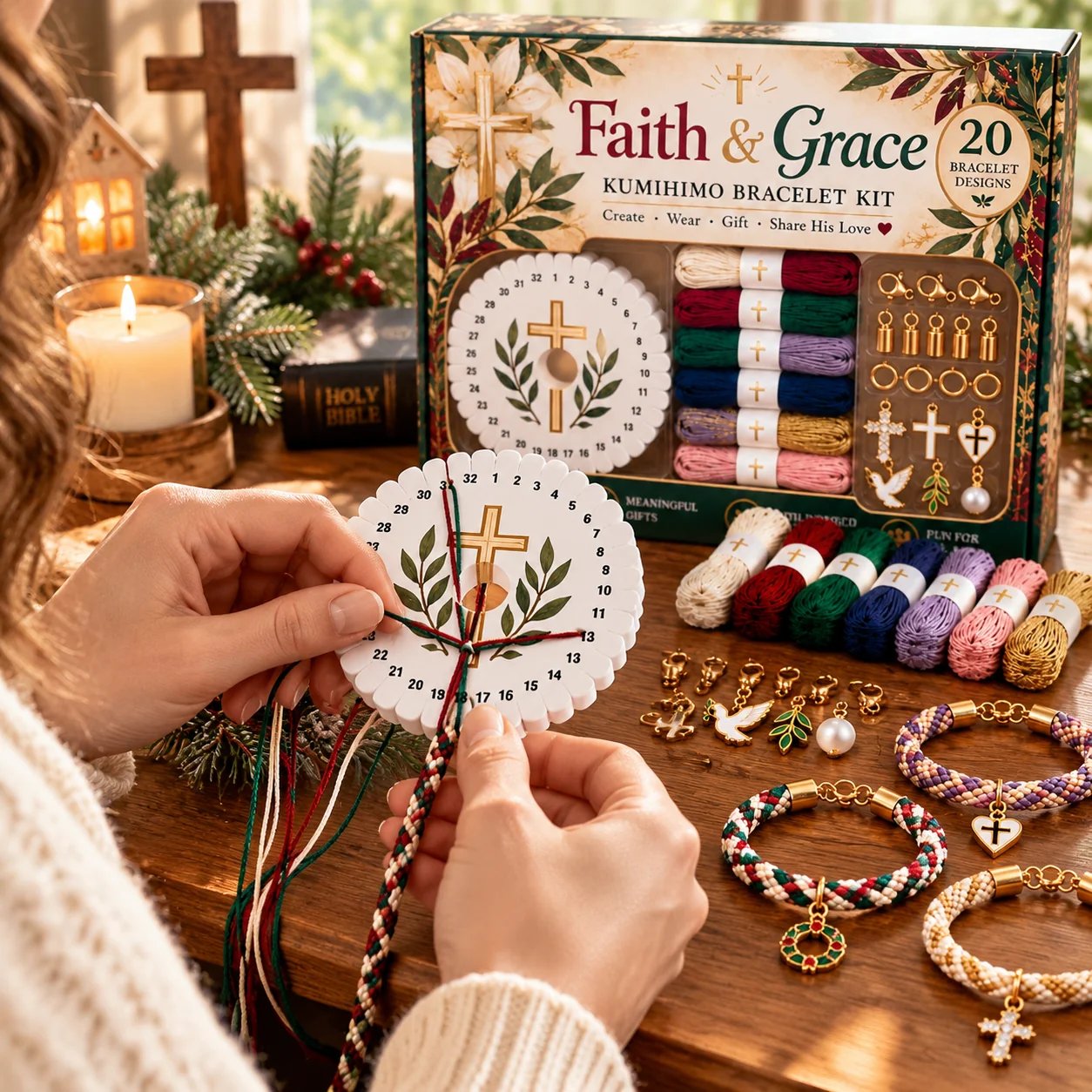 Creating a festive braided Kumihimo bracelet by hand