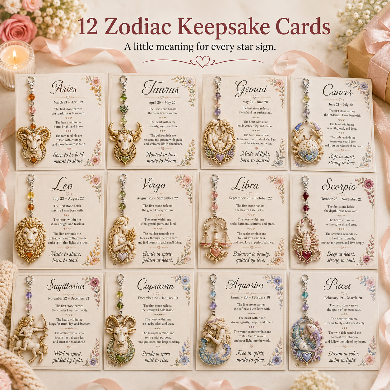 🌙12 Zodiac Birthstone Charm Keepsake Card