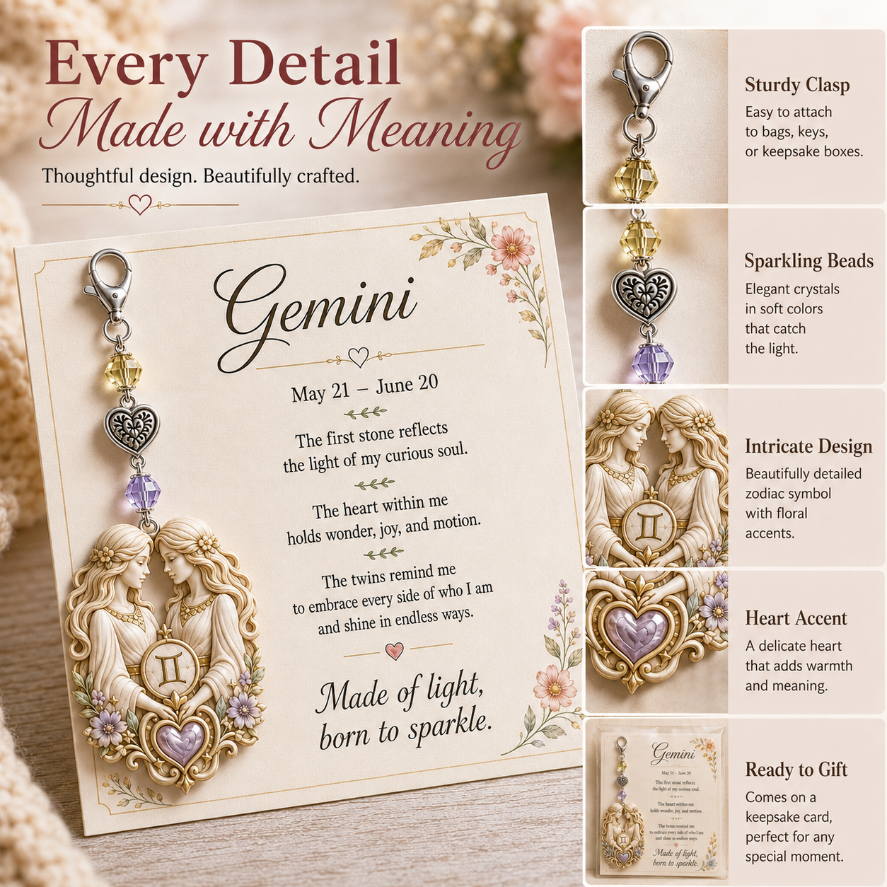 🌙12 Zodiac Birthstone Charm Keepsake Card