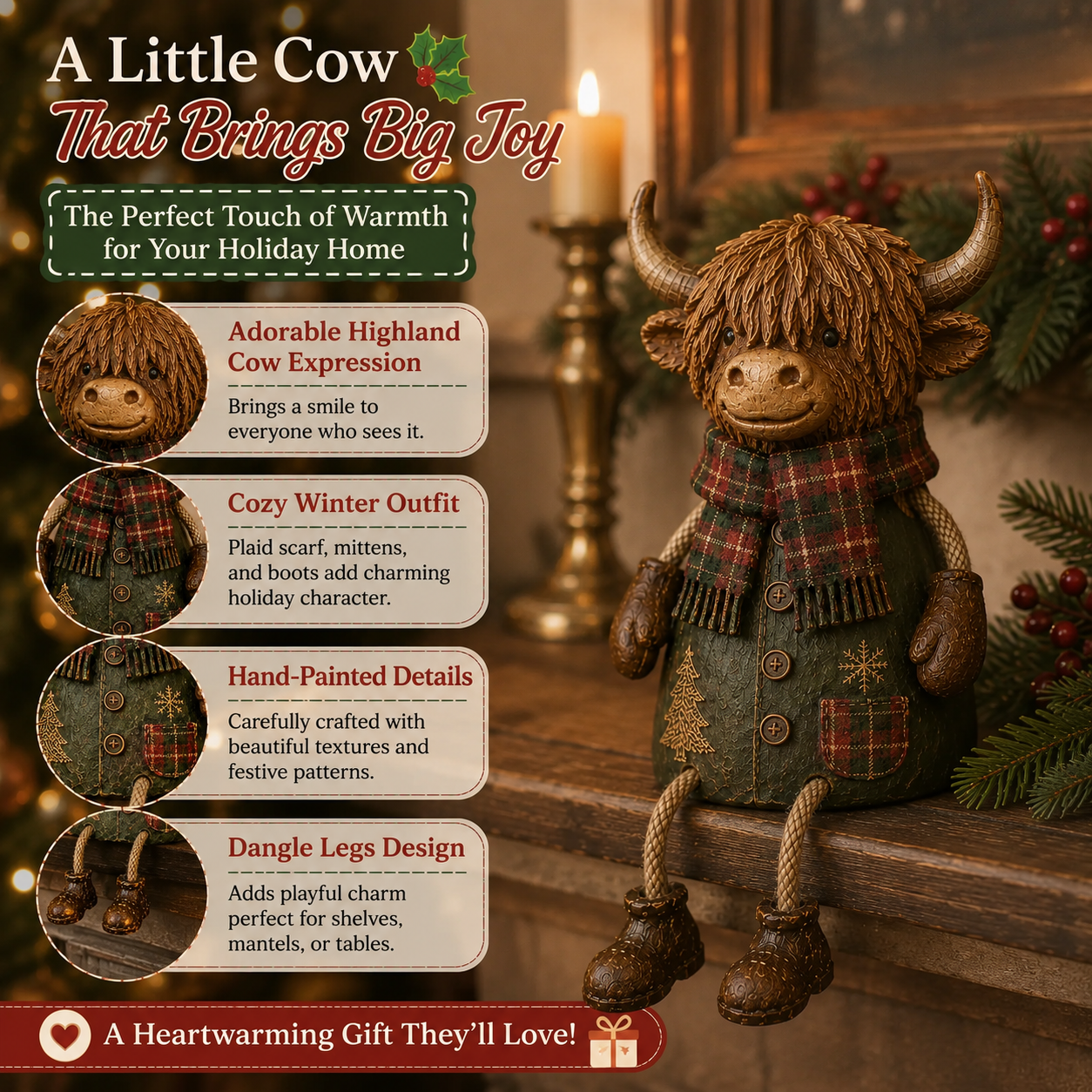 Festive Highland Cow Shelf Sitter – Rustic Christmas Home Decor