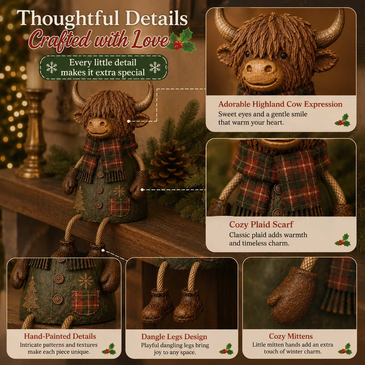 Festive Highland Cow Shelf Sitter – Rustic Christmas Home Decor