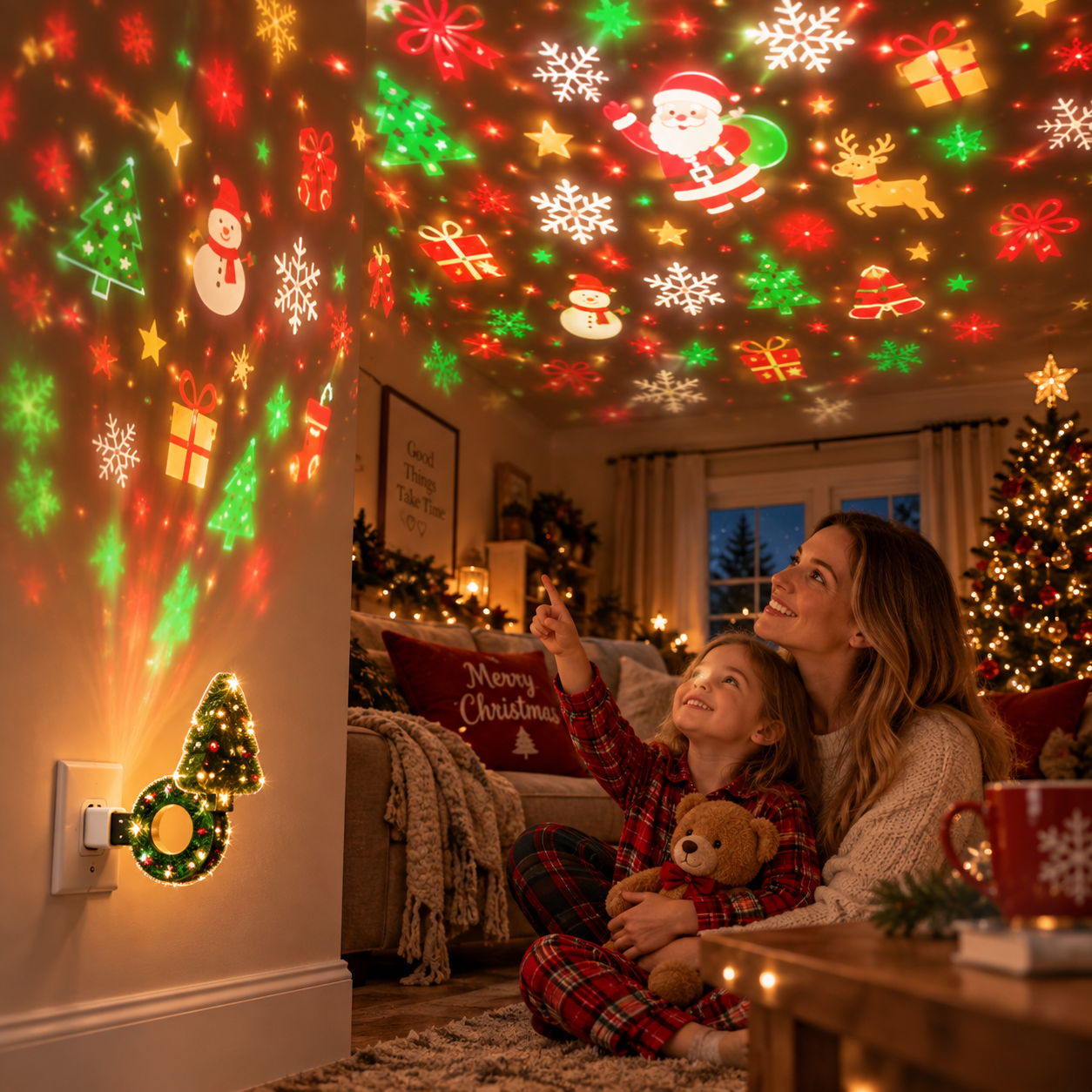 HollyGlow projector casting bright Christmas characters around the room