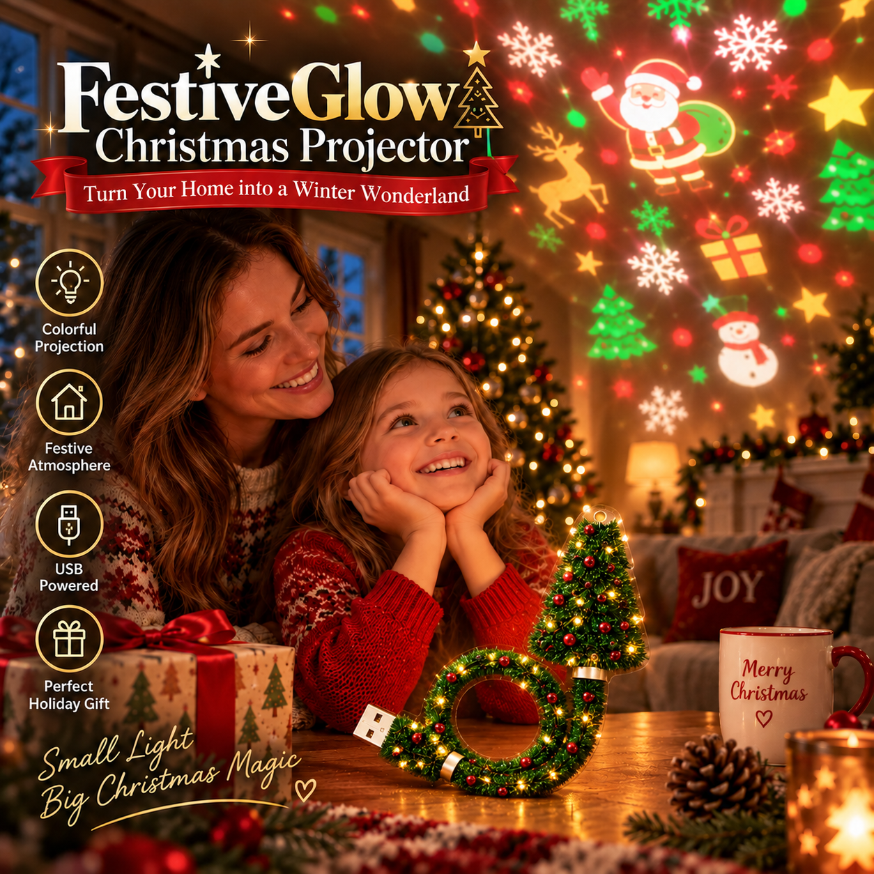 Christmas tree projector filling a festive living room with colorful holiday scenes